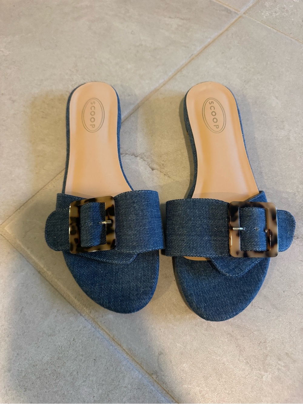 Scoop Denim Slide Mules with Tortoiseshell Buckle - Blue